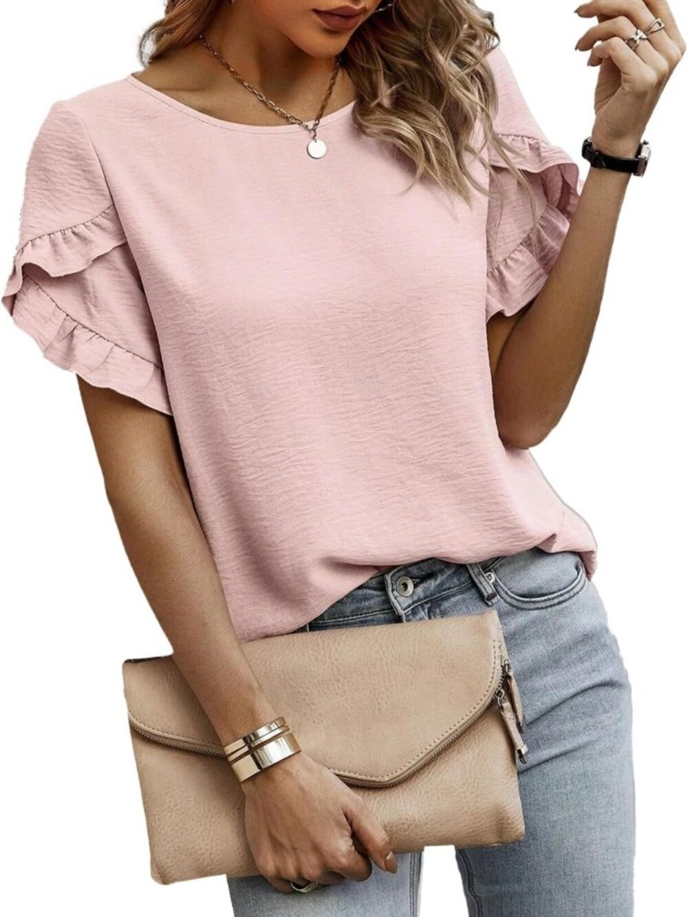 Casual Ruffle Short Sleeve Blouse - Lightweight, Soft, Round Neck for Summer